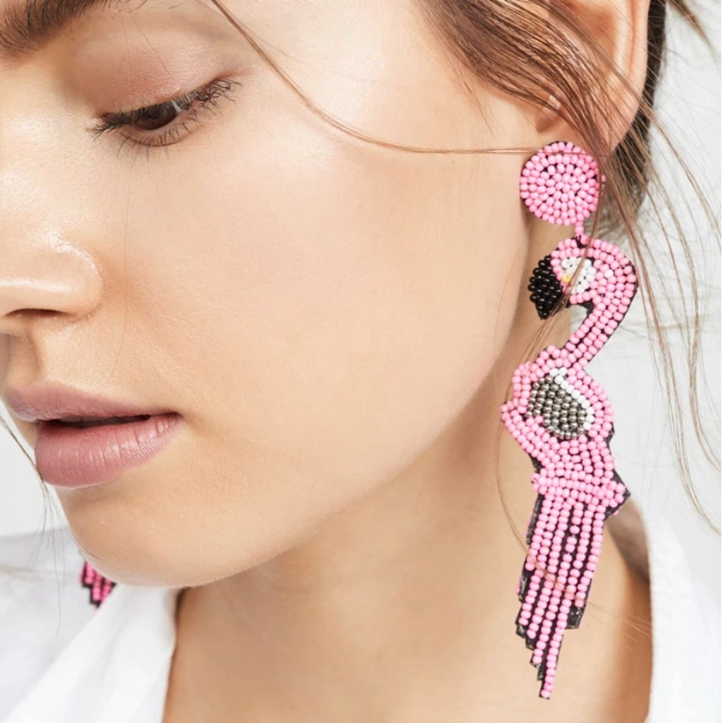 Pink Beaded Long Flamingo Bird Dangle Earrings 25$
